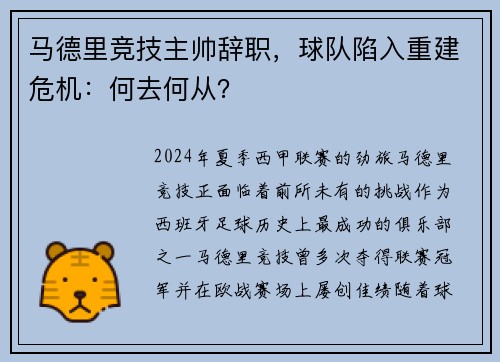 马德里竞技主帅辞职，球队陷入重建危机：何去何从？