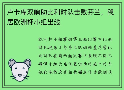 卢卡库双响助比利时队击败芬兰，稳居欧洲杯小组出线